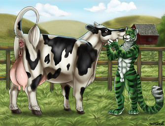 abs anatomically_correct anatomically_correct_genitalia anatomically_correct_vulva anthro anus balls brown_eyes duo farm female fence feral fur genitals green_body green_fur imminent_kiss larger_female male male/female nude outside penis raised_tail size_difference tail tail_anus teats udders vulva yaoifairy bovid bovine cattle dairy_cattle felid holstein_friesian_cattle mammal pantherine tiger 2015