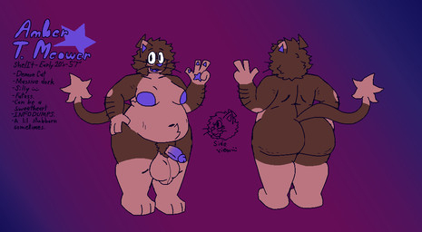 anthro arm_hair armpit_hair ball_sag balls belly belly_tuft big_balls big_butt big_nipples body_hair bottom_heavy breasts butt cellulite cute_fangs elbow_markings eyewear fangs front_view genitals glasses gloves_(marking) gynomorph hand_on_hip huge_balls huge_butt intersex leg_markings markings navel nipples nude pawpads penis pubes purple_inner_ear purple_nipples purple_nose purple_pawpads purple_penis purple_tongue rear_view slightly_chubby slightly_chubby_gynomorph slightly_chubby_intersex small_breasts socks_(marking) solo star stretch_marks tail teeth text thick_thighs tongue tuft whiskers felineflustered amber_(felineflustered) demon domestic_cat felid feline felis mammal model_sheet trans_(lore) trans_woman_(lore)