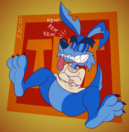 3_toes anthro bent_ear bent_legs black_eyebrows black_nose black_toe_claws blue_body blue_fur bottomless bottomless_anthro bottomless_male cheek_tuft chin_tuft chuckling clenched_teeth clothed clothing eyebrows eyes_closed facial_tuft fangs feet fur giggling humanoid_feet insane jagged_teeth long_ears male multicolored_body multicolored_fur notched_ear open_mouth open_smile plantigrade pose restraints sharp_teeth sitting smile soles solo straitjacket teeth text thick_eyebrows toes toony tuft two_tone_body two_tone_feet two_tone_fur two_tone_tail gavanzude activision crash_bandicoot_(series) ripper_roo kangaroo macropod mammal marsupial 2024 colored digital_drawing_(artwork) digital_media_(artwork) english_text flat_colors hi_res pinup