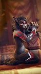 4_fingers anthro black_hair black_nose blue_eyes blurred_background bodypaint digitigrade ears_down facial_paint female fingers fur grey_body grey_fur hair kneeling looking_at_viewer markings pivoted_ears solo text tribal tribal_markings wooden_post thatworgen blizzard_entertainment warcraft destiney_crawford_(thatworgen) canid mammal werecanid werecreature worgen 2022 3d_(artwork) 4k 9:16 absurd_res autodesk_3ds_max_(artwork) digital_media_(artwork) hi_res url watermark