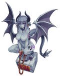 4:5 big_breasts breasts chain chained cuff_(restraint) female gargoyle grey_body grey_skin hi_res horn humanoid kenkou_cross membrane_(anatomy) membranous_wings monster_girl_(genre) monster_girl_encyclopedia not_furry purple_eyes restraints sculpture shackles solo spade_tail statue tail wings