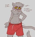 anthro blush bodily_fluids bottomwear bulge clothed clothing dialogue erection fangs freckles genital_fluids looking_at_viewer male open_mouth precum shorts solo teeth text topless kaboozey andy_(kaboozey) domestic_cat felid feline felis mammal 2023 english_text