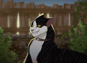 ambiguous_gender black_body black_fur brown_collar brown_nose collar ears_back fence feral fur glistening glistening_eyes green_sclera grin narrowed_eyes outside pivoted_ears plant shrub smile solo striped_body striped_fur stripes teeth unsigned white_body white_fur yellow_eyes ninetht domestic_cat felid feline felis mammal