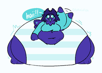 anthro barefoot belly big_belly big_butt blue_clothing butt clothing double_chin feet female front_view fur fur_tuft gesture hair huge_butt hyper hyper_butt monobutt motion_lines navel obese overweight panties pattern_clothing pupils purple_body purple_fur purple_hair simple_background solo speech_bubble stretch_marks striped_clothing stripes teal_clothing teal_sclera text tuft underwear waving waving_at_viewer waving_hand white_pupils wobbling fatfckinfish tako_(fatfckinfish) arthropod insect lepidopteran moth english_text