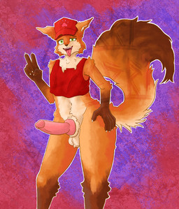 anthro balls bottomless bottomless_male clothed clothing crop_top erection fur furry_tail genitals gesture glans green_eyes hand_gesture hat headgear headwear knot knotted_penis looking_at_viewer male penis shirt solo standing tail tongue tongue_out topwear v_sign wide_hips zarrias canid canine fox humanoid mammal absurd_res hi_res