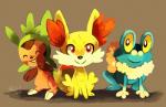 ambiguous_gender brown_body brown_fur eyes_closed feral fur group looking_at_viewer orange_eyes simple_background smile starter_trio teeth yellow_body yellow_fur yellow_sclera cuteskitty nintendo pokemon amphibian canid canine chespin fennekin froakie generation_6_pokemon mammal pokemon_(species) rodent