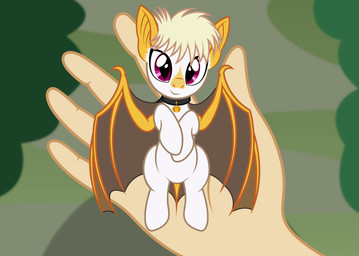 ambiguous_gender bell carrying_another collar duo fangs female first_person_view hair holding_character looking_at_viewer lying on_back pupils purple_eyes short_hair size_difference slit_pupils smile solo_focus teeth badumsquish hasbro my_little_pony fan_character bat bat_pony equid honduran_white_bat leaf-nosed_bat mammal microbat yangochiropteran hi_res