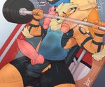 animal_genitalia animal_penis anthro barbell big_penis bodily_fluids bottomwear canine_genitalia canine_penis clothing exercise fur genital_fluids genitals group huge_penis humanoid_genitalia humanoid_penis knot male male/male muscular muscular_anthro muscular_male orange_body orange_fur penis penis_on_shoulder precum sexercise shirt shorts sweat tank_top topwear torn_bottomwear torn_clothing torn_shorts trio weight_bench weightlifting workout nsfw_def nintendo pokemon arcanine canid charizard generation_1_pokemon generation_4_pokemon lucario mammal pokemon_(species) scalie hi_res