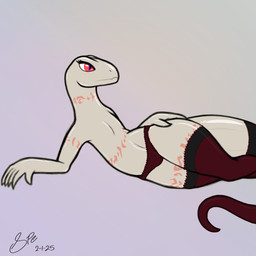 5_fingers albino anthro arm_tattoo belly_tattoo big_tail bow_panties bow_underwear clothed clothing eyelashes fangs featureless_chest female female_anthro fingers flat_chested frilly frilly_clothing frilly_legwear frilly_panties frilly_stockings frilly_underwear furgonomics glistening glistening_body gradient_background humanoid_hands leg_tattoo legwear lingerie long_neck long_tail lying monotone_body neck_tattoo on_side orange_tattoo panties pupils red_clothing red_eyes red_legwear red_lingerie red_panties red_stockings red_thigh_highs red_underwear simple_background slit_pupils smooth_skin snout solo stockings tail tail_clothing tail_stocking tapering_tail tattoo teeth thick_tail thick_thighs thigh_highs thigh_tattoo topless topless_anthro topless_female tribal tribal_tattoo underwear white_body wide_hips spe overlord_(series) crusch_lulu lizard lizardman lizardman_(overlord) reptile scalie 1:1 2025 absurd_res dated digital_drawing_(artwork) digital_media_(artwork) flat_colors hi_res krita_(artwork) signature sketch sketchbook_(artwork)