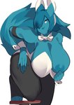 absurd_res anthro aspirindabaitu big_breasts big_tail blue_body blue_eyes blue_fur blue_hair blue_lips blue_nipples breasts canid canine cleavage clothed clothing curvy_figure eyelashes fake_ears fake_rabbit_ears female flashing fox fur hair hair_over_eye hi_res huge_breasts leaning leaning_forward legwear leotard lips looking_at_viewer mammal nipples one_breast_out one_eye_obstructed pantyhose playboy_bunny short_hair solo standing tail thick_thighs toeless_legwear white_clothing white_leotard wide_hips