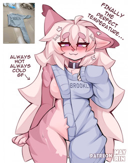 anthro asymmetrical_clothing big_ears blush blush_lines breasts clothing collar cute_fangs fangs female front_view fur hair partially_clothed_female solo tan_body tan_fur teeth text thick_thighs white_hair wide_hips mayrin_(artist) brooklyn_sweater meme_clothing mayrin_(character) felid feline lynx mammal english_text hi_res meme reference_image