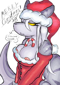 anthro breasts candy candy_cane christmas_clothing christmas_headwear clothing dessert embarrassed female food hair hat headgear headwear holidays looking_away nipple_outline nipple_slip nipples non-mammal_breasts santa_hat simple_background solo stripes tail teeth text thought_bubble white_hair tcg_(artist) christmas freaky_ass_shark aquatic fish shark absurd_res digital_media_(artwork) english_text hi_res