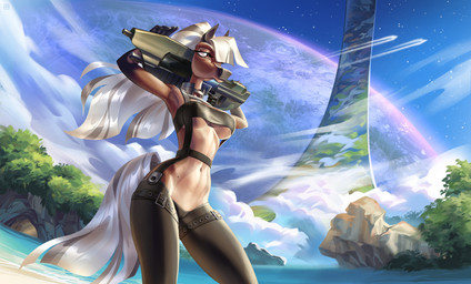 anthro assault_rifle breasts brown_eyes cleavage clothed clothing cosmos female gun hair long_hair long_tail planet plant ranged_weapon rifle rock skimpy tail tree under_boob weapon holivi halo_(series) microsoft xbox_game_studios equid equine horse mammal hi_res