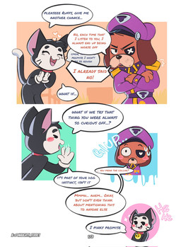 anthro begging black_body black_fur collar comic_panel curious dialogue duo fur male male/male mini_comic orange_body orange_fur shy smile smirk standing text naughty_ferret brawl_stars supercell_(company) kit_(brawl_stars) ruffs_(brawl_stars) canid canine domestic_cat felid feline felis mammal comic english_text hi_res multiple_scenes signature