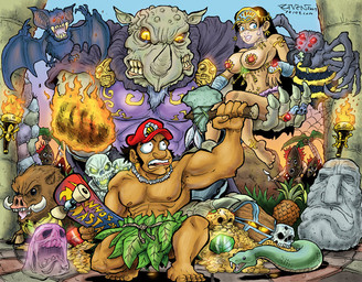 anthro axe blue_body blue_fur bone bottomwear breasts cleavage clothed clothing fangs female fire food fruit fur glowing glowing_eyes green_body green_scales grey_body grey_skin group hat headgear headwear holding_object holding_skateboard human_focus loincloth male melee_weapon pineapple plant red_eyes scales skateboard skull teeth torch vehicle weapon yellow_sclera ravensdojo adventure_island boss_area_1 master_higgins tina_(adventure_island) arachnid arthropod basser bat cobra cobra_(adventure_island) domestic_pig gastropod human mammal mollusk reptile rhinoceros scalie skeleton_(adventure_island) snail snake spider suid suine sus_(pig) zigmo