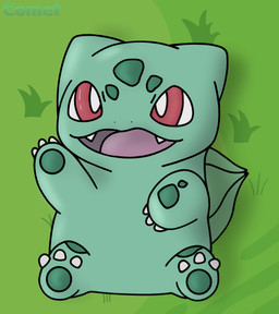 anthro gesture grass green_body male open_mouth plant red_eyes simple_background sitting solo waving young cometmystic21 nintendo pokemon amphibian bulbasaur frog generation_1_pokemon pokemon_(species) hi_res