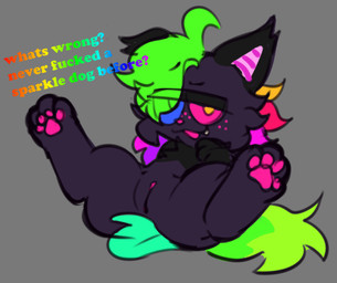 anthro black_body black_ears black_fur chest_tuft female freckled_face freckles fur genitals green_hair grey_background hair heterochromia multicolored_inner_ear multicolored_tail open_mouth pawpads paws pink_freckles pink_nose pink_pawpads presenting presenting_vulva rainbow_text raised_leg simple_background solo sparklefur spread_legs spreading tail teeth text tuft vulva englam canid canine mammal 2026 colored digital_drawing_(artwork) digital_media_(artwork) english_text