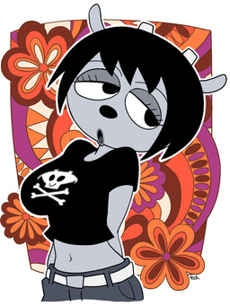 abstract_background anthro belt big_breasts biped black_clothing black_hair black_shirt black_topwear bob_cut bottomwear breasts clothed clothing crop_top denim denim_bottomwear denim_clothing eyelashes female fully_clothed grey_body grey_bottomwear grey_clothing grey_jeans grey_pants hair half-closed_eyes hands_behind_back horn jeans looking_away midriff narrowed_eyes navel open_mouth pants print_clothing print_shirt print_t-shirt print_topwear psychedelic_background shirt skull_and_crossbones solo standing t-shirt topwear ketsumoa parappa_the_rapper sony_corporation sony_interactive_entertainment um_jammer_lammy rammy_lamb bovid caprine mammal sheep 3:4 hi_res japanese_description portrait three-quarter_portrait