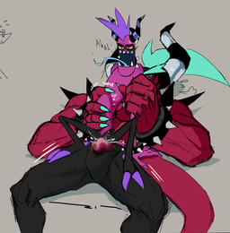 abdominal_bulge animal_genitalia anthro big_hands blue_claws blue_tongue bodily_fluids bracelet claws collar cum duo fondling_internal_bulge genital_fluids genital_slit genitals hair horn jewelry knot knotted_penis long_tail long_tongue male male/male mohawk muscular muscular_male on_bottom on_top penetration penile penile_penetration penis pink_body pink_skin ponytail purple_claws red_body red_skin reverse_cowgirl_position sex sharp_teeth size_difference skinny_male spiked_bracelet spiked_collar spikes spikes_(anatomy) sweat tail teeth tongue tongue_out spiceskeleton sega sonic_the_hedgehog_(series) the_deadly_six zavok zazz humanoid zeti zeti_(species) hi_res
