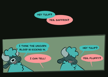 anthro blue_body blue_fur blush dialogue fur horn male offscreen_character solo speech_bubble text wool_(fur) vanilla_candy unicorn_blood_(comic) saffron_(unicorn_blood) bovid caprine mammal sheep comic english_text hi_res multiple_scenes restricted_palette