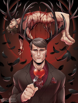 5_fingers accessory antlers blood bodily_fluids brown_hair cheekbones clothed clothing corpse cutlery death duo feathers fingers fork gore hair heart_symbol horn humanoid_focus killing kitchen_utensils lips male necktie not_furry nude stubble suit tools topwear zillabean hannibal_(series) hannibal_lecter will_graham animal_humanoid deer deer_humanoid horned_humanoid human humanoid mammal mammal_humanoid digital_media_(artwork)