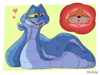anthro blue_body blue_eyes blue_scales duo endosoma fangs feral fur heart_symbol male missing_fang orange_body orange_fur safe_vore scales swallowed_alive teeth vore yellow_eyes jamessillybat disney zootopia fan_character gary_de'snake bat mammal pit_viper reptile scalie snake viper 4:3 hi_res