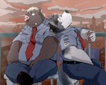 anthro belly bottomwear brown_body brown_fur clothing detailed_background duo fur kemono male necktie outside overweight overweight_male pants shirt sitting topwear train_(artist) canid canine canis domestic_dog mammal suid suina sus_(pig) wild_boar 2018 5:4