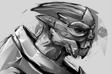 ambiguous_gender anthro armor clothing looking_at_viewer mouth_closed side_view solo topwear deriaz bioware electronic_arts mass_effect alien turian 2014 alchemy_(artwork) bust_portrait digital_drawing_(artwork) digital_media_(artwork) greyscale monochrome portrait signature sketch