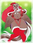 anthro bag blue_eyes blush breasts brown_body brown_nipples christmas_clothing christmas_headwear clothing cutie_mark female genitals gloves hair half-closed_eyes handwear hat headgear headwear holidays multicolored_hair narrowed_eyes nipples pussy ribbons santa_hat smile smirk solo two_tone_hair wide_hips wings chango-tan christmas hasbro my_little_pony mythology fan_character melody_breeze equid equine mammal mythological_creature mythological_equine pegasus absurd_res hi_res