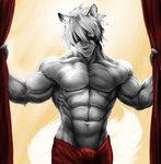 anthro curtains fur hair harness male muscular muscular_anthro muscular_male towel towel_around_waist towel_only white_body white_fur dynafurryart mihoyo zenless_zone_zero von_lycaon canid canine canis mammal wolf 2022 hi_res