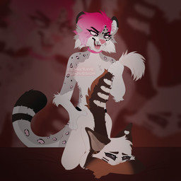 anthro bedroom brown_body brown_fur collar dark_eyes doggystyle duo eye_roll female female/female fluffy from_behind_position fur grey_body grey_fur hair hand_on_butt male male/female markings pink_hair sex sharp_teeth spots spotted_markings standing standing_sex strapon tail tail_pull teeth white_body white_fur fr34krave m1llipedez canid canine canis domestic_dog felid leopard mammal pantherine snow_leopard absurd_res hi_res
