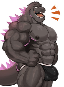 abs anthro biceps big_muscles black_clothing black_jockstrap black_underwear bulge clothed clothing deltoids detailed_bulge forearm_muscles hands_on_hips jockstrap jockstrap_only male muscular muscular_anthro muscular_male muscular_thighs nipples non-mammal_nipples open_mouth pecs sharp_teeth simple_background solo teeth topless topless_anthro topless_male trapezius triceps underwear underwear_only white_background darknaigart godzilla_(series) toho godzilla kaiju scalie 2025 absurd_res hi_res