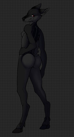 anthro black_body butt female geometric_background grid_background hooves looking_at_viewer looking_back looking_back_at_viewer nude pattern_background raised_tail rear_view red_eyes shadings simple_background skinny slim smile solo standing tail young young_anthro young_female crowsfire deer mammal colored hi_res