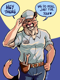 anthro belt black_markings blue_background bottomwear brown_eyes clothing denim denim_bottomwear denim_clothing dialogue feline_ears flirting flirting_with_viewer fur hand_on_hip hat headgear headwear jeans looking_at_viewer male markings muscular muscular_male name_tag one_eye_closed orange_body orange_fur pants pink_nose rolled_up_sleeves screwdriver shirt simple_background smile solo speech_bubble tail text tipping_hat tools topwear white_clothing white_hat white_headwear white_shirt white_topwear wink winking_at_viewer wrench yellow_background fruitz cougar felid feline mammal 3:4 digital_drawing_(artwork) digital_media_(artwork) english_text hi_res