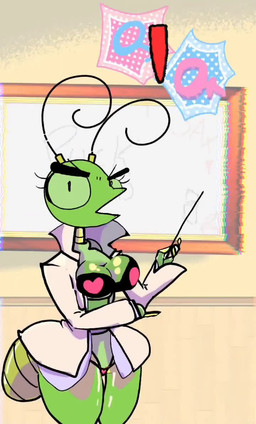 antennae_(anatomy) anthro arthropod_abdomen big_breasts bouncing_breasts breasts clothed clothing condom eyewear female female_symbol gender_symbol glasses green_body green_eyes looking_at_viewer male_symbol music open_mouth sexual_barrier_device small_glasses solo symbol teacher underwear gooberwares arthropod insect mantis 2025 2d_animation animated short_playtime sound video