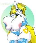 anthro areola big_breasts blonde_hair blue_eyes blush breasts camel_toe clothed clothing collar cowbell cutie_mark equid equine female geeflakes hair hasbro hi_res holding_breast horn huge_breasts hyper hyper_breasts legwear mammal my_little_pony mythological_creature mythological_equine mythology panties solo thick_thighs thigh_highs topless underwear unicorn white_body white_heart_(oc)