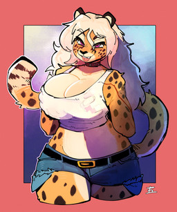 anthro areola barbell_piercing big_breasts blep bottomwear breast_grab breasts choker clothed clothing daisy_dukes denim denim_bottomwear denim_clothing denim_shorts female front_view fur hair hand_on_breast hand_under_clothing hotpants jewelry markings midriff necklace nipple_barbell nipple_outline nipple_piercing nipple_piercing_outline nipples piercing piercing_outline purple_eyes shorts smile solo spots spotted_body spotted_fur standing tongue tongue_out topwear wet wet_clothing wet_topwear white_hair yellow_body yellow_fur goonie-san alexandra_(velocitycat) cheetah felid feline mammal 2023 absurd_res hi_res shaded