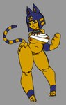 3_fingers anthro areola big_breasts blue_hair breasts chest_wraps claws curvy_figure female fingers genitals hair hand_on_hip jewelry markings necklace nipples pussy solo standing striped_markings striped_tail stripes tail tail_markings thick_thighs wraps yellow_body stickface animal_crossing nintendo ankha_(animal_crossing) domestic_cat felid feline felis mammal hi_res