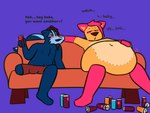 ambiguous_gender anthro belly belly_inflation big_belly bloated blue_body blue_fur bulge can container drugs duo empty_can fur huge_belly inflation marijuana missing_leg orange_body orange_fur plushie stoned substance_intoxication nightlymoxie birch_twigs moxie_(nightlymoxie) animate_inanimate domestic_cat felid feline felis living_plushie mammal mephitid skunk 4:3 absurd_res chromatic_aberration hi_res