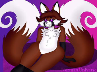 2_tails anthro brown_body brown_fur candy chocolate dessert femboy food fur legs_together magic male multi_tail purple_eyes sitting solo spiral tail thick_thighs white_body white_fur norman_the_fox normannsfw normanthefox canid canine fox mammal 4:3 absurd_res hi_res