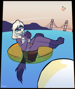 anthro ball bay beach beach_ball bridge clothing crossed_legs eyewear female floating_on_water freckled_face freckles fur hair inflatable inflatable_support inner_tube light long_hair looking_at_viewer lounging multicolored_body multicolored_fur outside pattern_clothing pattern_topwear pool_toy purple_body purple_fur reclining_pose relaxing solo solo_focus striped_clothing striped_topwear stripes summer sunglasses sunlight swimwear tail topwear two-piece_swimsuit water waterscape white_body white_fur borealhao lamapola vinea_(lamapola) domestic_ferret mammal mustelid musteline true_musteline weasel 2026 absurd_res hi_res signature nonbinary_(lore)