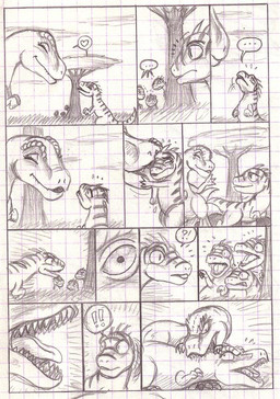 bite ellipsis exclamation_point female heart_symbol interrobang male chibibass dinosaur dromaeosaurid prehistoric_species reptile scalie theropod tyrannosaurid tyrannosauroid tyrannosaurus tyrannosaurus_rex velociraptor 2009 comic monochrome