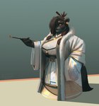 anthro female simple_background smoking_pipe solo shadoca blizzard_entertainment warcraft bear mammal pandaren hi_res