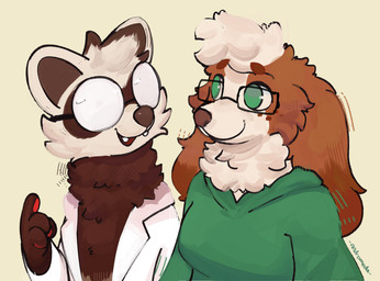 anthro breasts brown_body brown_fur brown_inner_ear brown_nose clothed clothing coat duo eyewear fangs female floppy_ears fur glasses green_clothing green_hoodie green_topwear head_tuft hoodie lab_coat lop_ears male opaque_glasses open_mouth open_smile pawpads rectangular_glasses red_pawpads round_glasses simple_background smile snout teeth topwear tuft wearing_glasses white_body white_fur yellow_background androdraw cloud_(cloudpie) tuko_(tukoferret) bird_dog canid canine canis cavalier_king_charles_spaniel domestic_dog domestic_ferret hunting_dog mammal mustelid musteline spaniel toy_dog true_musteline weasel 2025 bust_portrait digital_drawing_(artwork) digital_media_(artwork) hi_res portrait shaded