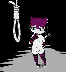 3_toes 4_fingers absolute_territory anthro arrow_through_heart black_hair casual_nudity clothing collar considering dark dark_humor ear_piercing ear_ring eye_bags facial_piercing feet female fingers flat_chested fur genitals hair hand_on_chin hand_on_hip imminent_death imminent_suicide leggings legwear lip_piercing markings multicolored_body multicolored_fur navel nipple_piercing nipples noose nude nude_female piercing pigeon_toed purple_hair ring_(marking) ring_piercing ringed_tail shadow shirt solo stockings striped_markings striped_tail stripes suicidal_ideation t-shirt tail tail_markings thinking toes topwear two_tone_body two_tone_fur vulva white_body white_fur e254e veronica_(e254e) domestic_cat felid feline felis mammal absurd_res hi_res meme
