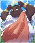 anthro blue_eyes brown_body brown_fur clothed clothing fur halo humanoid_hands kemono male outside overweight overweight_male solo en_1_9 bear mammal 2025 absurd_res hi_res