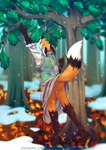 anthro butt clothed clothing clothing_lift cones detailed_background dress dress_lift dress_lifting female fur leg_markings looking_up markings no_underwear orange_body orange_fur outside plant raised_tail snow socks_(marking) solo tail topwear tree winter lirkov canid canine fox mammal red_fox true_fox 2020 digital_media_(artwork) hi_res