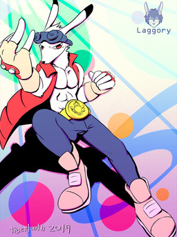 anthro belt biped blush bottomwear clothed clothing denim denim_bottomwear denim_clothing eyewear footwear fur gloves goggles handwear jacket jeans looking_at_viewer male pants red_eyes shoes simple_background sneakers solo topwear year laggory tigertooth summer_wars king_kazma lagomorph leporid mammal rabbit 2019 artist_collaboration dated digital_media_(artwork) hi_res signature