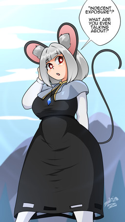 black_clothing black_dress capelet clothed clothing curvy_figure dialogue dress female fully_clothed grey_hair hair hand_behind_back jewelry mountain mouse_ears mouse_tail nature nature_background necklace outside red_eyes short_hair solo speech_bubble text zedrin touhou nazrin animal_humanoid humanoid mammal mammal_humanoid mouse_humanoid murid murid_humanoid murine murine_humanoid rodent rodent_humanoid english_text hi_res portrait signature three-quarter_portrait