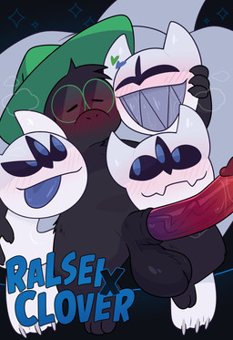 3_heads black_body black_fur blue_eyes blush clothing cuddling eyewear female fur glasses green_clothing green_hat green_headwear grin hat headgear headwear heart_symbol hearts_around_head lying male multi_head on_back smile white_body crushpepper deltarune undertale_(series) clover_(deltarune) ralsei hi_res tagme